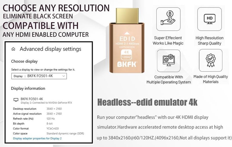 BKFK 2.1 HDMI Dummy Plug, hdmi Dummy, Dummy hdmi Headless Display Adapter Supports 4K@120Hz, 1440p@120Hz, 1080p@120Hz Virtual Monitor EDID Emulator - Image 4